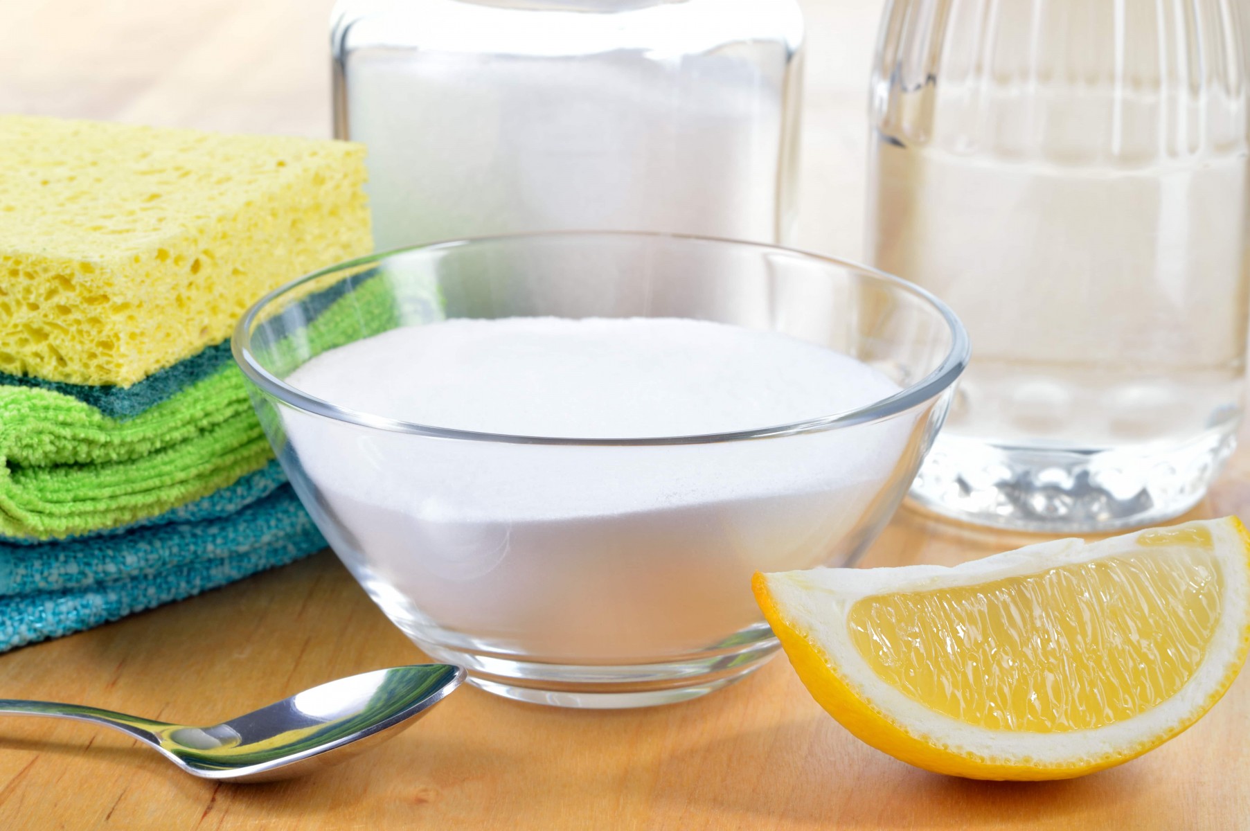 Natural cleaners. Vinegar, baking soda, salt and lemon. Versatile Vinegar